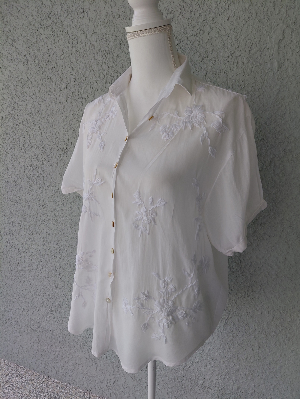 Karyn Seo White Embroidered 100% Cotton Button Front Blouse Floral Short Sleeve